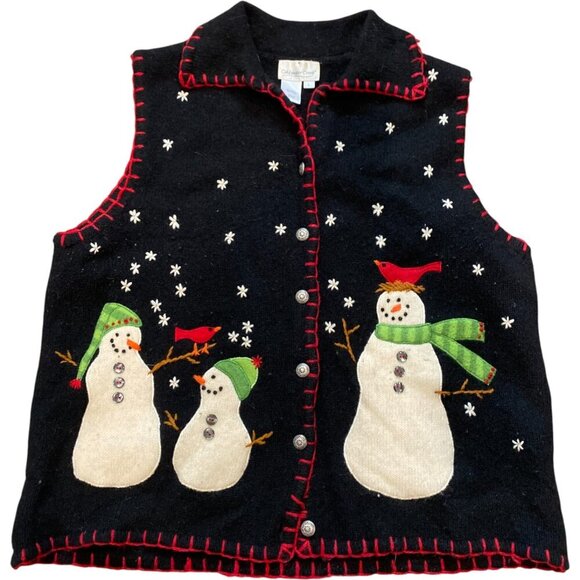VTG Coldwater Creek Ugly Christmas Sweater Vest Women’s Large Black Snowman Wool - Picture 1 of 3